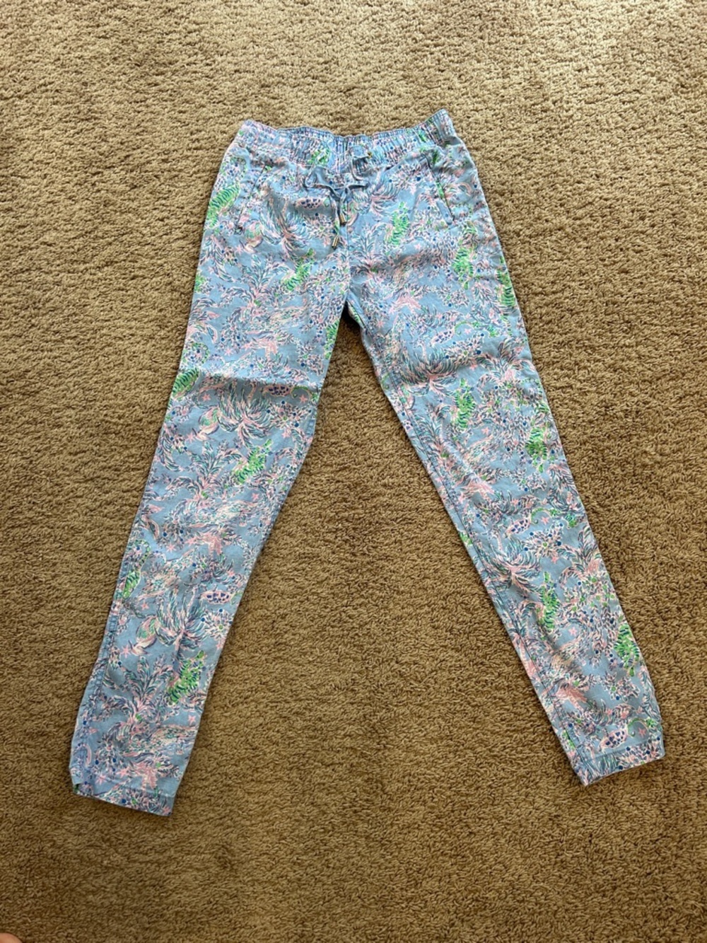 Lilly Pulitzer Blue Floral & Tropical Print Linen Joggers